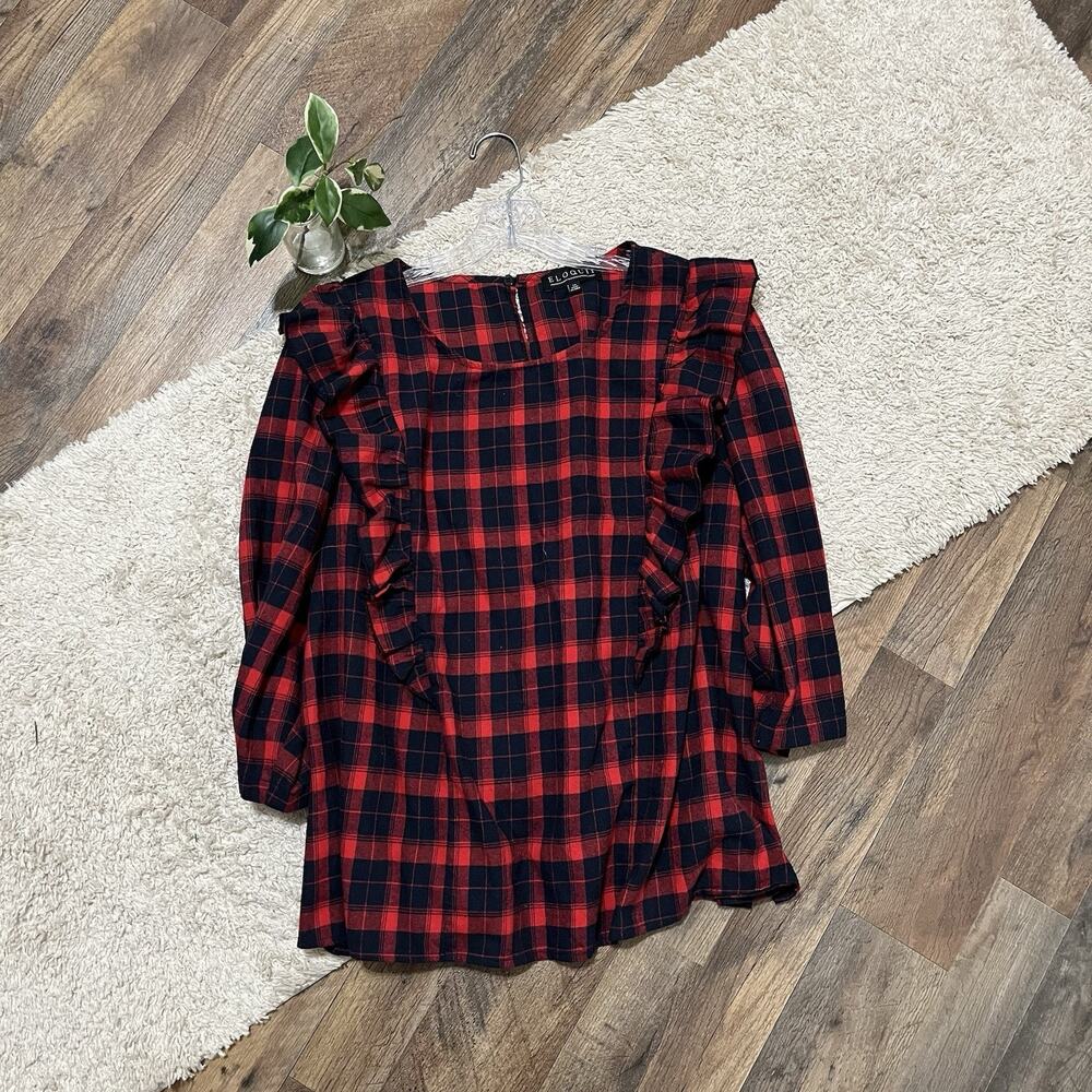 Eloquii Size 24 Navy Blue Red Plaid Ruffle 3/4 Sleeve Keyhole Top